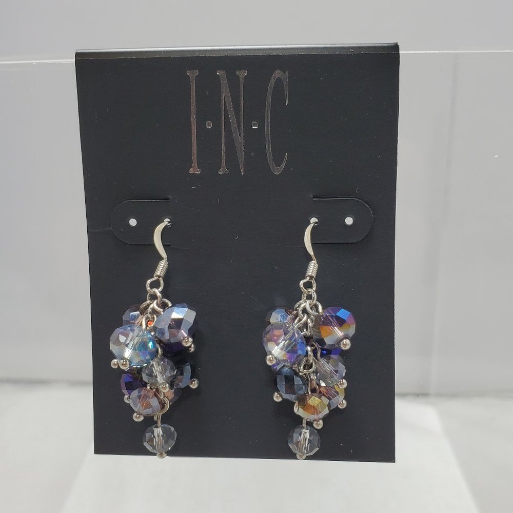 INC purple crystal cluster beaded silver dangle fish hook earring